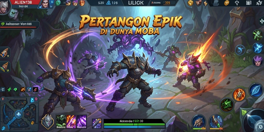 Tampilan gameplay MOBA yang intens dan strategis dalam ALIEN138.