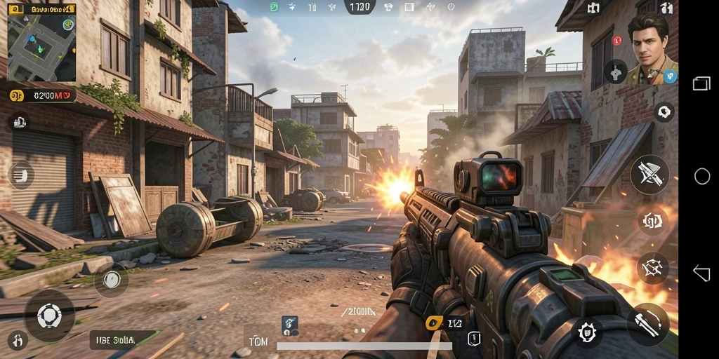 Screenshot D200M menunjukkan aksi intens dalam pertempuran FPS.