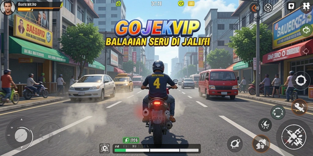 Screenshot gameplay GOJEKVIP yang menunjukkan aksi balapan seru.