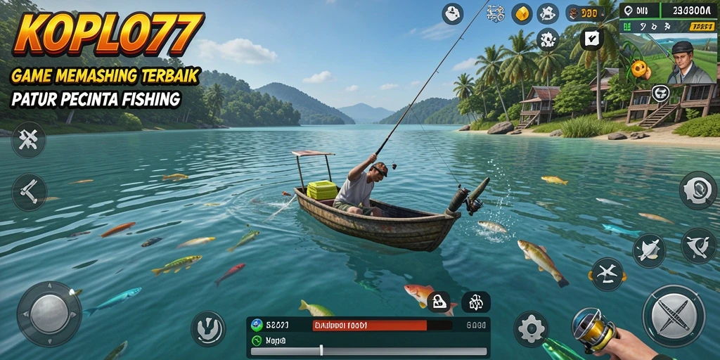 Tampilan gameplay KOPLO77 saat memancing di lokasi eksotis.
