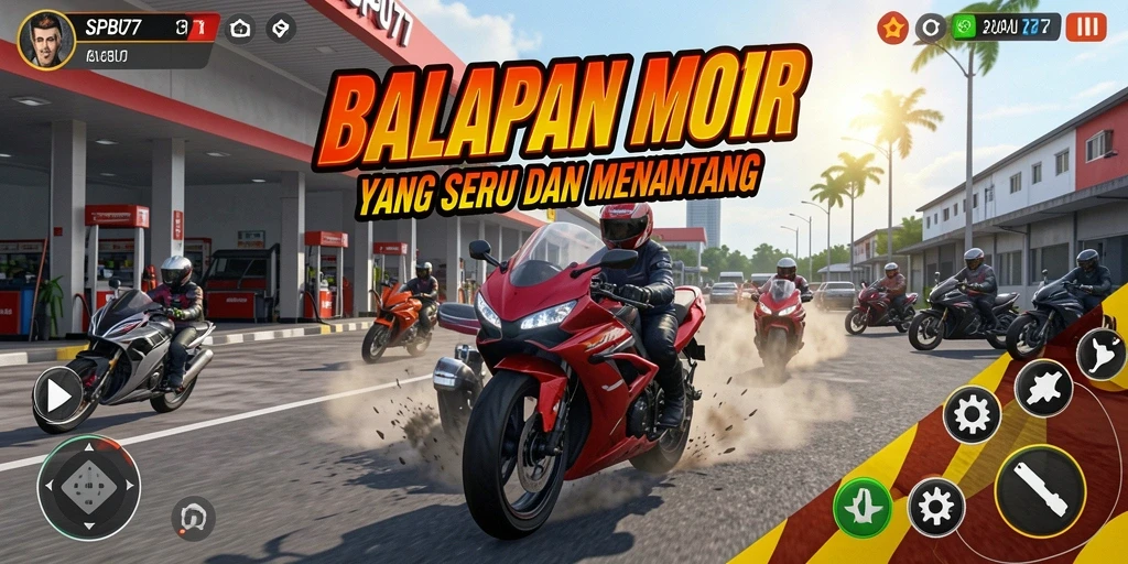 Screenshot utama SPBU77 menampilkan aksi balapan motor yang mendebarkan.