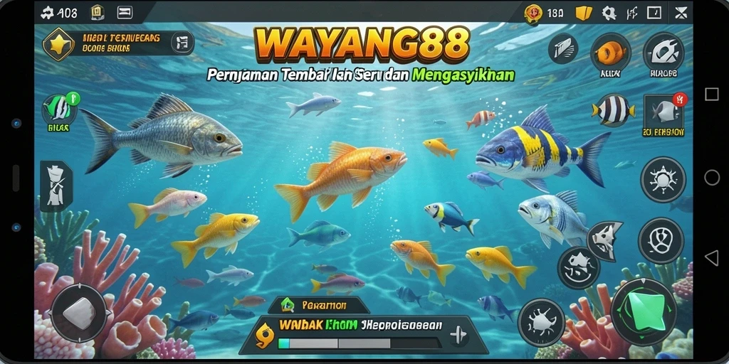 Screenshot utama WAYANG88 menampilkan aksi seru gameplay Tembak Ikan.